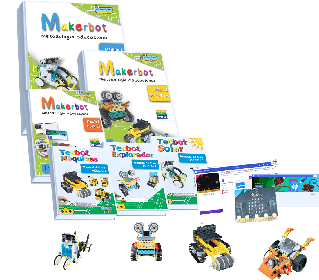 Coleção Makerbot — livros metodológicos e robôs de cada módulo